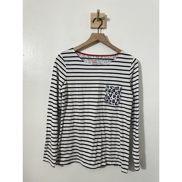 Boden Breton Stripe with Animal Leopard Print Long Sleeve Navy Sz 8 100% Cotton - Picture 2 of 6